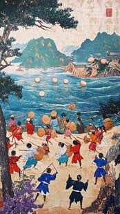 古代海边持械演练场景图