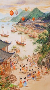 古风河畔节庆热闹景象