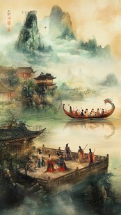 龙舟竞渡于古风山水间