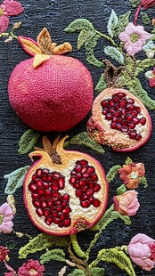 绣布上的鲜润石榴果实