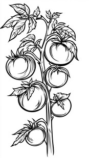 手绘番茄植株黑白插画