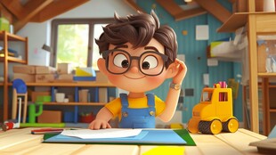 男孩专注画画于温馨工作室