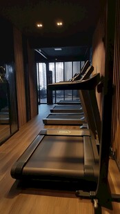 健身房内排列整齐的跑步机