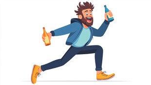 欢乐男子手持酒瓶奔跑