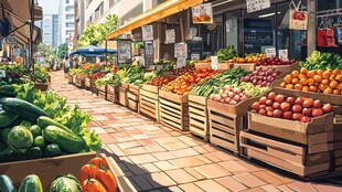 街头热闹的果蔬摊位