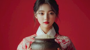 红衣女子手捧古朴陶罐