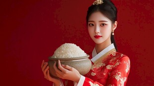 红衣佳人捧瓷碗盛白米