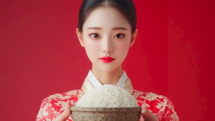 红衣女子捧盛米容器