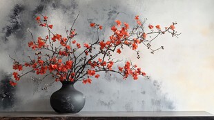 中式花瓶插满艳丽红花朵