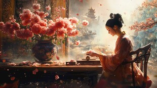 古典佳人桌前静赏繁花