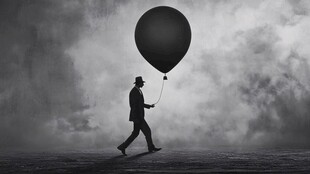 男子牵气球在天地间独行