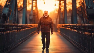 夕阳下老人独自行走在桥间