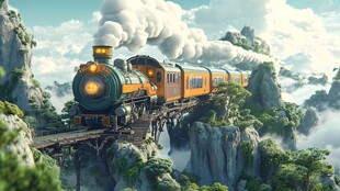 梦幻山间行驶的蒸汽火车