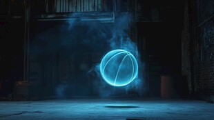 蓝色发光悬浮篮球特效画面