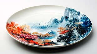 山水彩绘瓷盘