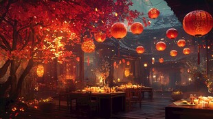 古院红灯夜宴浪漫场景