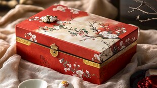 中式繁花红漆首饰盒