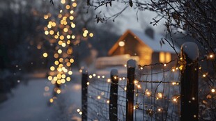 冬日雪夜小屋的温馨灯光