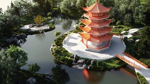 中式宝塔湖心园林景观