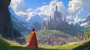 红衣人眺望奇幻城堡风景