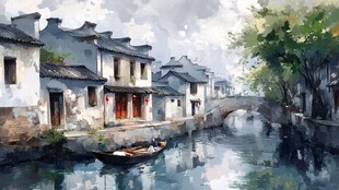 江南水乡古桥小船水墨画
