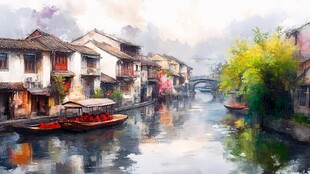 江南水乡古镇诗意风景图