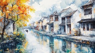 秋日江南水乡静谧景致