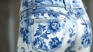 青花瓷花纹牛仔裤特写