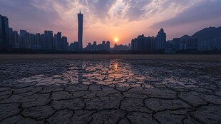 夕阳下干裂土地与城市天际