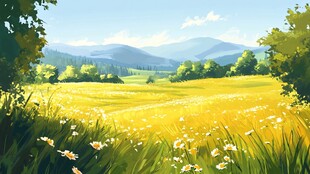 金色田野间的清新自然风光