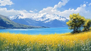 湖畔花海与雪山美景