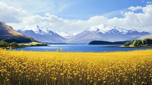 湖畔金花海与雪山美景