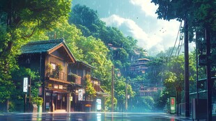 山林间的静谧古朴街道