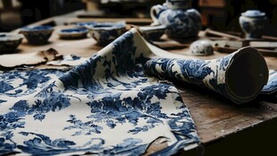 蓝白青花瓷布于古朴桌案