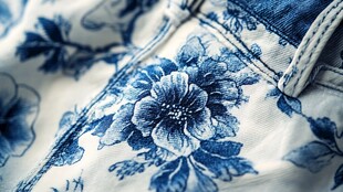 蓝白花卉牛仔布料特写