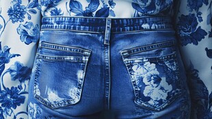 蓝白花纹牛仔裤特写