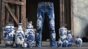 青花元素牛仔裤与瓷瓶展示