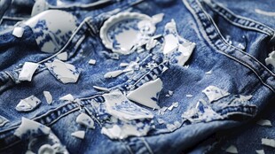 碎瓷片散落蓝色牛仔布上