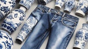 蓝白牛仔裤邂逅青花瓷瓶