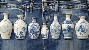 牛仔裤上的青花瓷瓶阵列