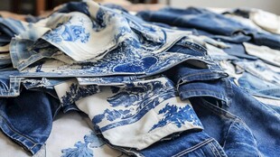 蓝白牛仔布料堆叠特写