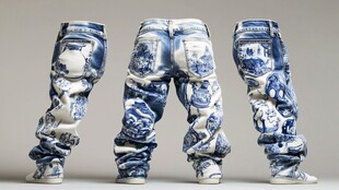 青花瓷风个性牛仔裤展示