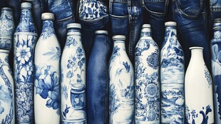 蓝白青花瓷瓶与牛仔的碰撞