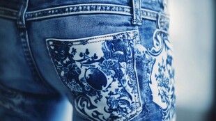 蓝白花纹牛仔后袋特写