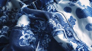 蓝白花卉牛仔布料细节