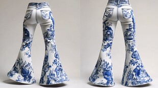 蓝白青花瓷喇叭牛仔裤展示