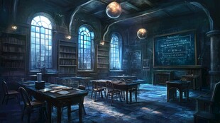 魔幻风格的神秘教室场景