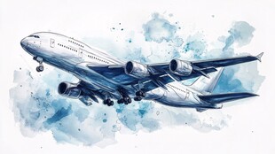 水彩风格起飞的大型客机