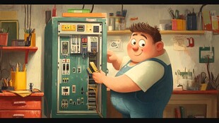 男孩专注修理复杂电器设备