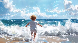 小孩海边踏浪的美好瞬间